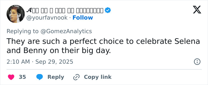 Tweet praising Taylor Swift stealing the spotlight at Selena Gomez's wedding with a pretty long speech celebrating the big day.