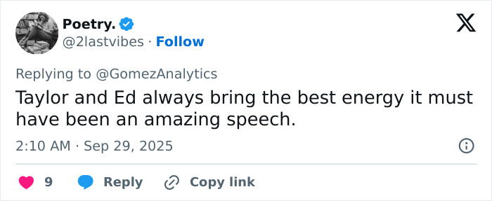 Screenshot of a tweet praising Taylor Swift&rsquo;s speech at Selena Gomez&rsquo;s wedding, highlighting her spotlight moment.