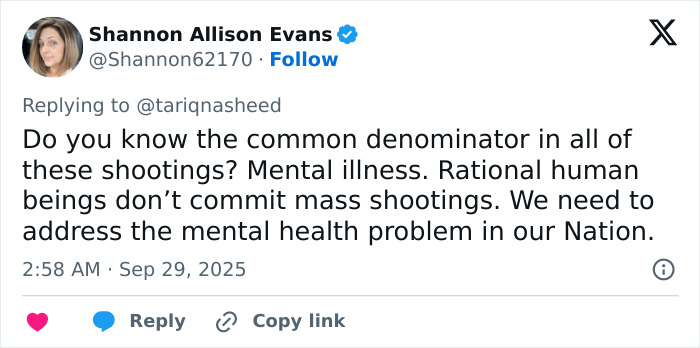 Tweet by Shannon Allison Evans discussing mental illness and mass shootings in relation to the Michigan church tragedy and Charlie Kirk attack. Tweet by Shannon Allison Evans discussing mental illness and mass shootings in relation to the Michigan church tragedy and Charlie Kirk attack.