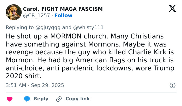 Tweet discussing conspiracy theorists linking Michigan church tragedy to Charlie Kirk attack after suspect identified, with political references. Tweet discussing conspiracy theorists linking Michigan church tragedy to Charlie Kirk attack after suspect identified, with political references.