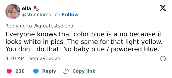 Tweet discussing fashion color choices, mentioning no baby blue or powdered blue outfits at Selena Gomez and Billy Blanco's wedding.