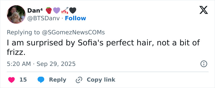 Tweet about Sofia's perfect hair without frizz, related to worst and wackiest outfits from Selena Gomez and Billy Blanco's wedding.