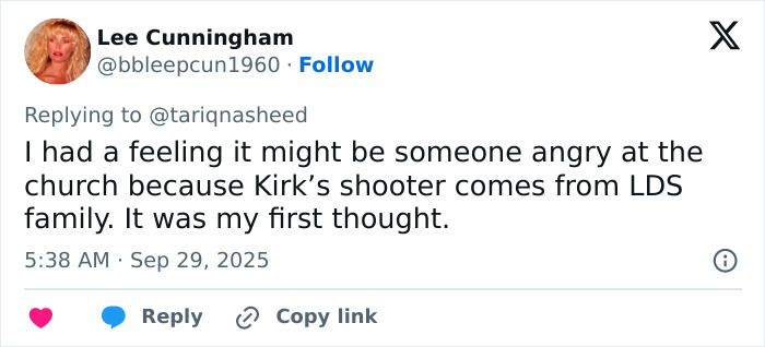 Tweet from Lee Cunningham discussing a theory linking Michigan church tragedy to Charlie Kirk attack shooter background. Tweet from Lee Cunningham discussing a theory linking Michigan church tragedy to Charlie Kirk attack shooter background.