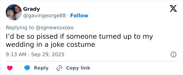 Tweet expressing frustration about guests wearing joke costumes at Selena Gomez and Billy Blanco's star-studded wedding.