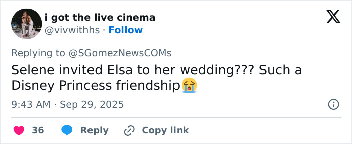 Tweet about Selena Gomez and Billy Blanco's wedding, highlighting Disney Princess friendship and star-studded outfits.
