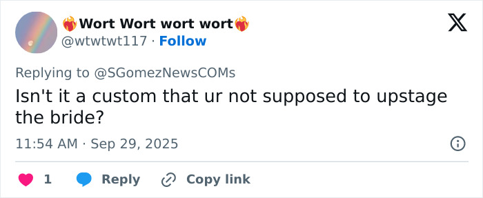 Twitter user commenting on the worst and wackiest outfits from Selena Gomez and Billy Blanco's star-studded wedding.