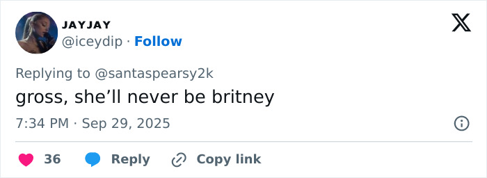 Tweet criticizing Sydney Sweeney for recreating iconic Britney Spears outfit, sparking fan division on social media.