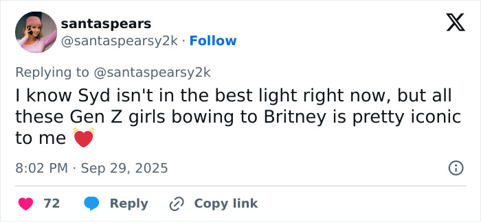 Tweet discussing Sydney Sweeney recreating iconic Britney Spears outfit, sparking mixed fan reactions online.