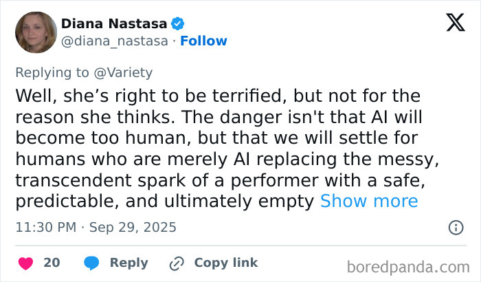Tweet discussing concerns about AI actress Tilly Norwood and the impact on human performers in film festivals. Tweet discussing concerns about AI actress Tilly Norwood and the impact on human performers in film festivals.