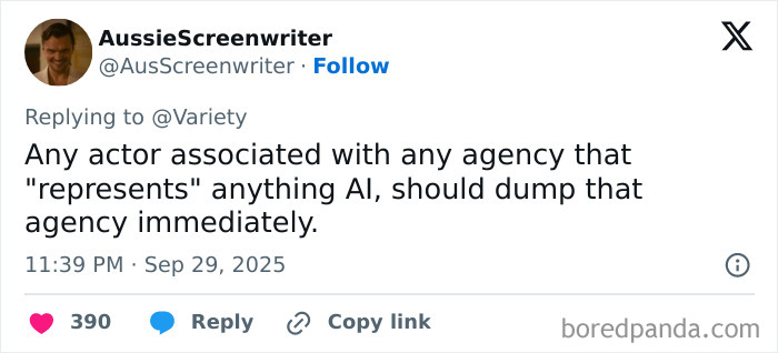 Tweet by AussieScreenwriter warning actors to leave agencies representing AI after a terrifying film festival reveal involving AI actress Tilly Norwood. Tweet by AussieScreenwriter warning actors to leave agencies representing AI after a terrifying film festival reveal involving AI actress Tilly Norwood.