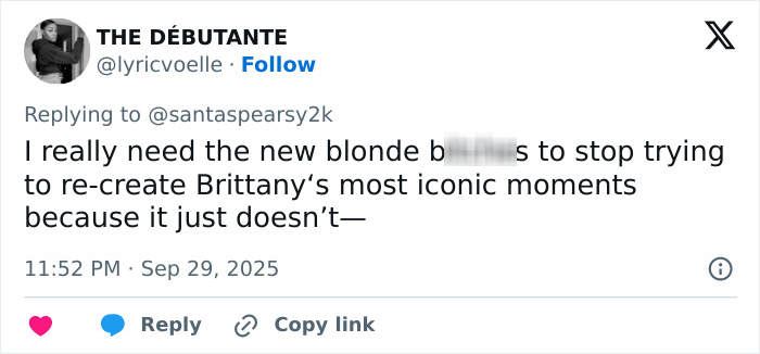 Tweet screenshot showing a user commenting on Sydney Sweeney recreating an iconic Britney Spears outfit for her birthday.