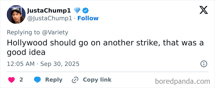 Screenshot of a tweet about Hollywood strikes, related to Emily Blunt begging agencies to reject AI actress Tilly Norwood. Screenshot of a tweet about Hollywood strikes, related to Emily Blunt begging agencies to reject AI actress Tilly Norwood.