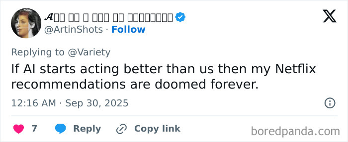 Screenshot of a tweet discussing AI actress Tilly Norwood and concerns over AI acting surpassing humans. Screenshot of a tweet discussing AI actress Tilly Norwood and concerns over AI acting surpassing humans.