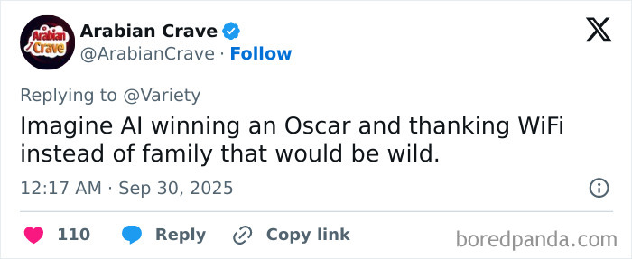 Tweet from Arabian Crave discussing the concept of AI winning an Oscar and thanking WiFi instead of family. Tweet from Arabian Crave discussing the concept of AI winning an Oscar and thanking WiFi instead of family.