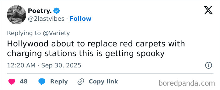 Tweet discussing Hollywood replacing red carpets with charging stations, relating to Emily Blunt and AI actress Tilly Norwood controversy. Tweet discussing Hollywood replacing red carpets with charging stations, relating to Emily Blunt and AI actress Tilly Norwood controversy.