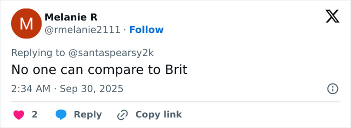 Tweet praising Britney Spears, posted in response to a discussion about Sydney Sweeney recreating Britney Spears outfit.