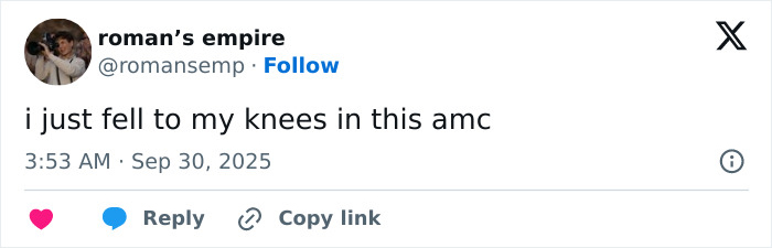Tweet from roman&rsquo;s empire expressing amusement with the phrase i just fell to my knees in this amc, sparking reactions about Nicole Kidman and Keith Urban split.
