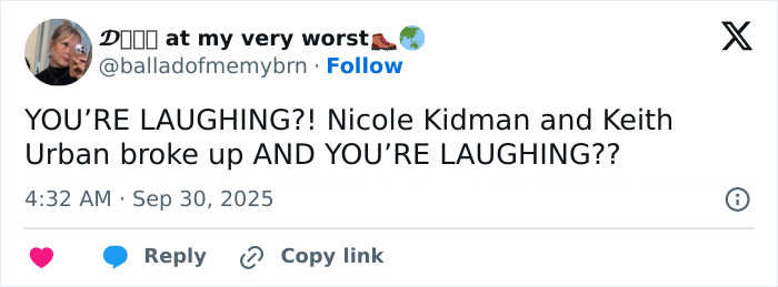 Tweet showing reaction to Nicole Kidman and Keith Urban split, highlighting celebrity breakups sparking hilarious responses online.