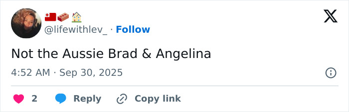 Twitter post by user lifewithlev_ humorously reacting to Nicole Kidman and Keith Urban split with mention of Aussie Brad and Angelina.