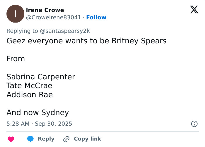 Tweet text highlighting Sydney Sweeney recreating an iconic Britney Spears outfit, sparking fan reactions online.