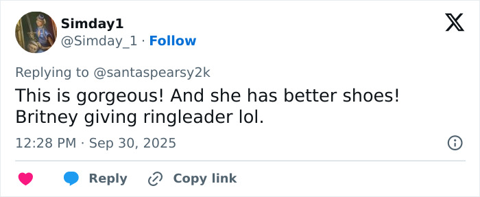 Fan tweet praising Sydney Sweeney recreating iconic Britney Spears outfit, sparking mixed reactions online.