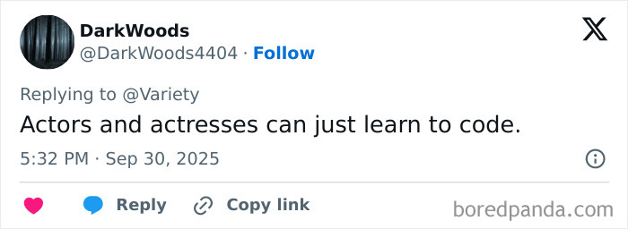 Screenshot of a tweet from DarkWoods responding to Variety, discussing actors, actresses, and coding in relation to AI actress Tilly Norwood. Screenshot of a tweet from DarkWoods responding to Variety, discussing actors, actresses, and coding in relation to AI actress Tilly Norwood.
