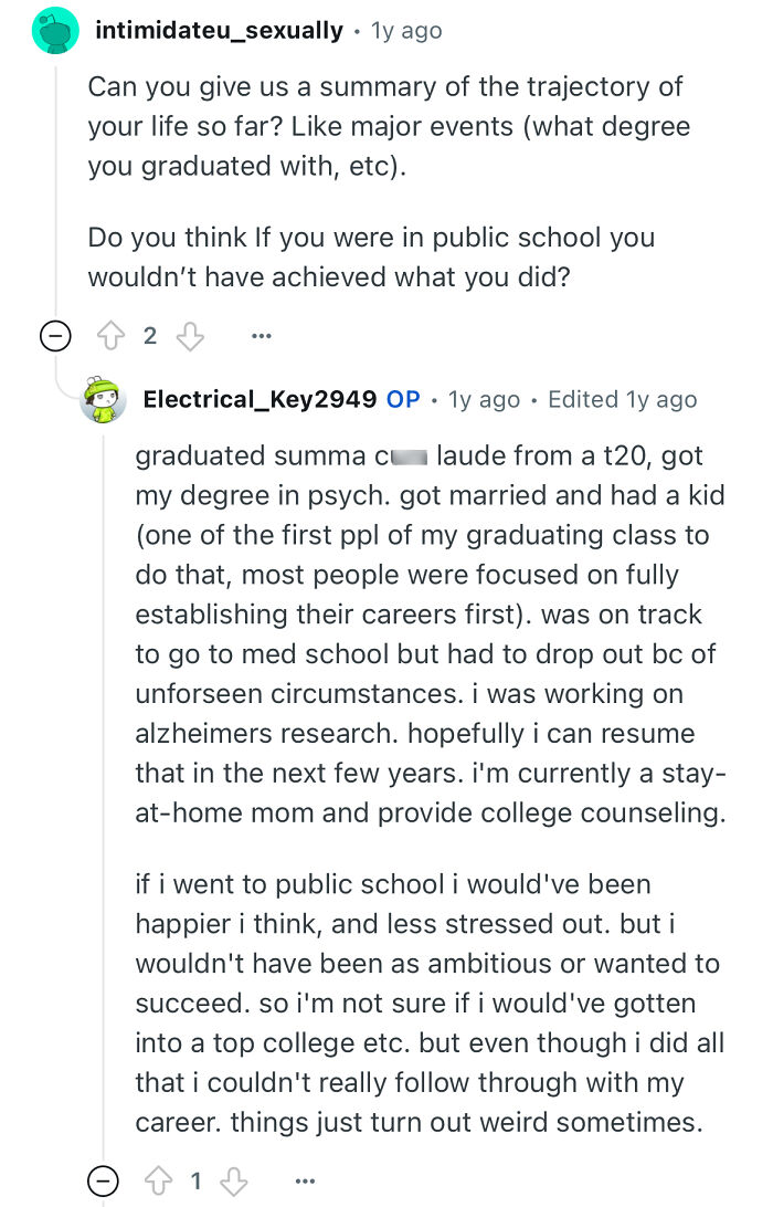 Reddit conversation where a person studied in a prestigious private school shares insights about education and career challenges.