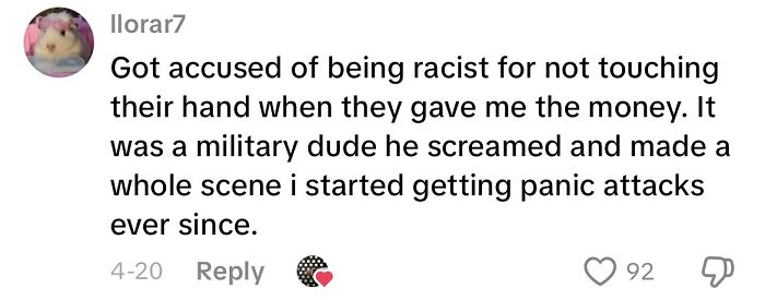 Text conversation showing a creepy customer encounter with panic attacks after being accused of racism.