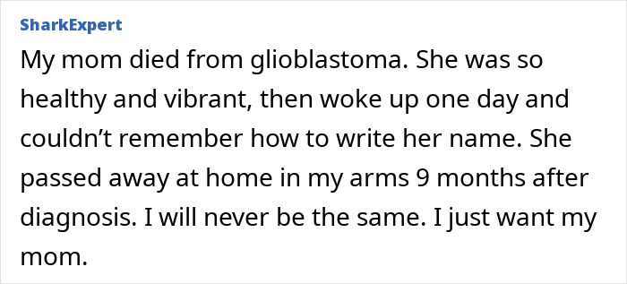Text message on screen describing a personal story about a weird symptom before a heartbreaking diagnosis.