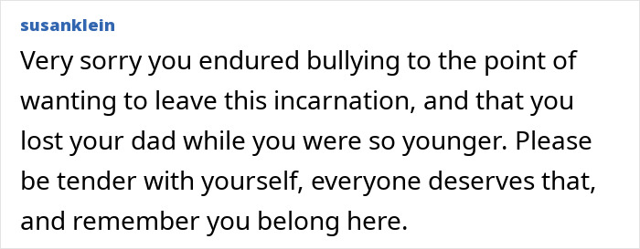 Screenshot of a comment expressing sympathy for a man claiming Charlie Kirk bullied him relentlessly in high school.