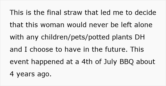 Text excerpt describing MIL ignoring child&rsquo;s severe allergy leading to emergency room visit after a 4th of July BBQ incident.