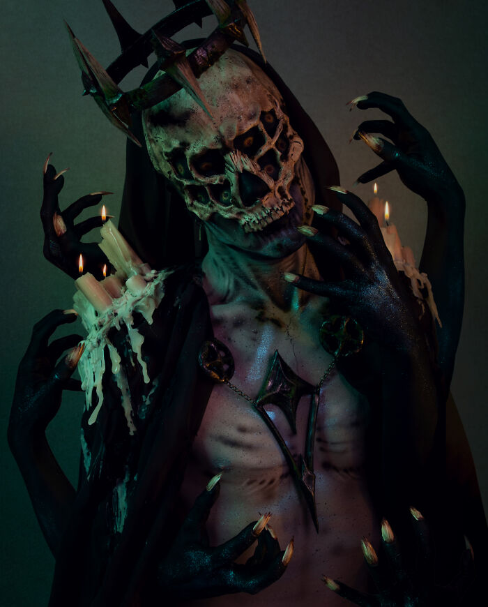 Person transformed into a haunting Halloween character with skull mask, multiple black hands, and melting candles on shoulder.