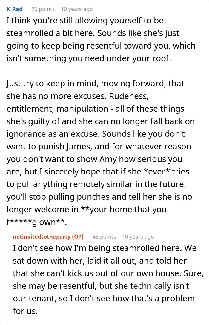 Screenshot of an online discussion with users debating a woman accusing homeowners of ruining her party by not leaving.