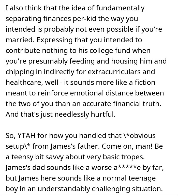 Text excerpt discussing a man denying his stepson's pleas to contribute to his college fund, causing emotional distance.