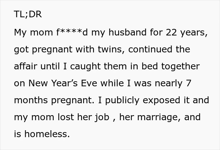 Alt text: Text describing a woman catching her mom sleeping with her husband, revealing a 22-year affair and its consequences.