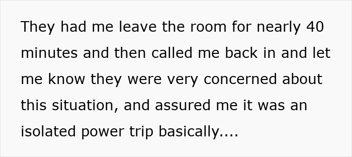 Text excerpt about new manager saying overweight woman unfit to see clients, suggesting time off to lose weight.