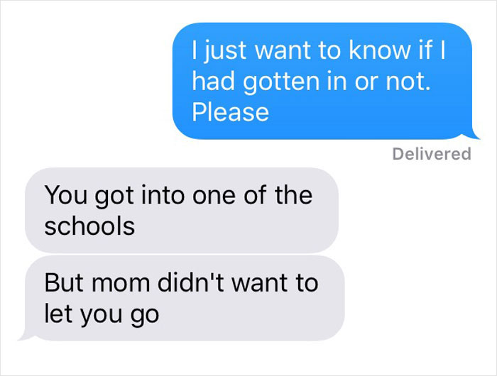Text message conversation showing a woman learning the truth about why she never got to study abroad. Text message conversation showing a woman learning the truth about why she never got to study abroad.