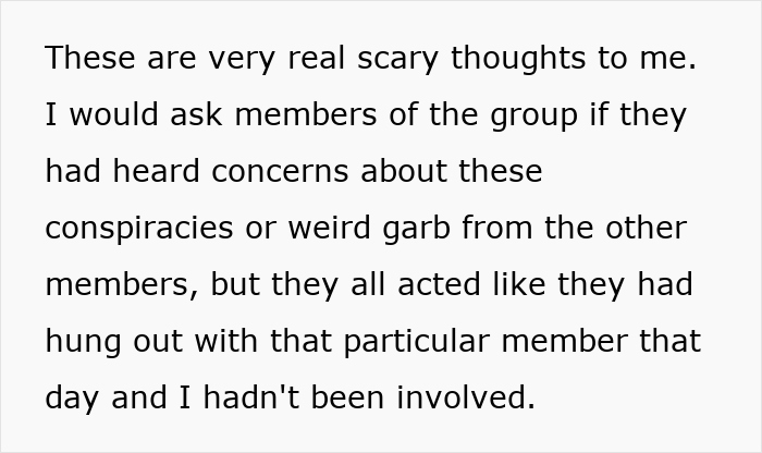 Text excerpt about scary conspiracy thoughts from a group, related to schizophrenic man prank hospital visit context.