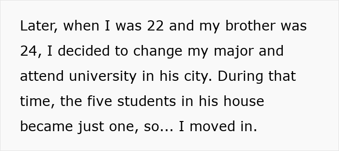 Text excerpt about siblings sharing a house, highlighting a brother's demand for sister to move out for kids' space.