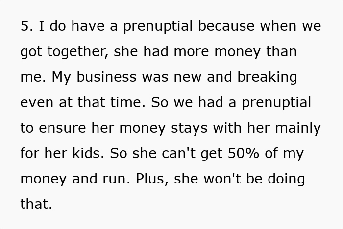 Text excerpt discussing prenup protecting money for kids and preventing stepkids expecting inheritance after indifferent treatment of stepdad.