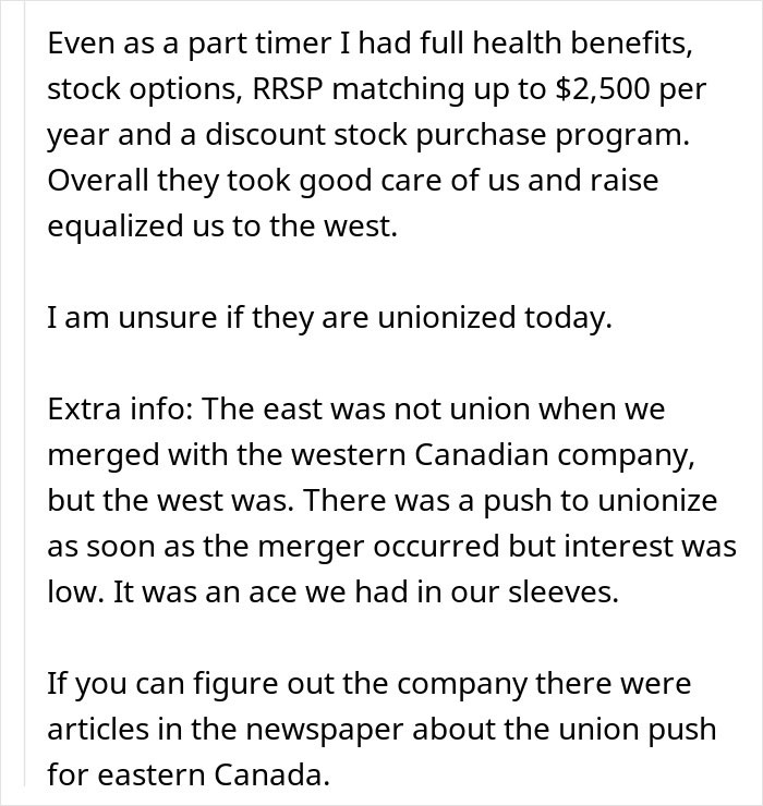 Text excerpt discussing employee benefits, unionization efforts, and workplace raise promises in a manager-employee conflict context.