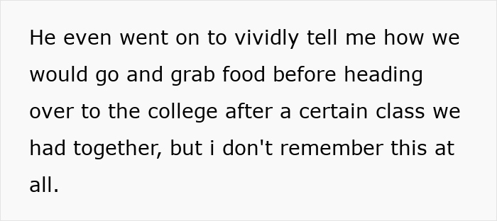 Text excerpt showing a guy convinced they took an art class together, while his girlfriend has no memory of it.