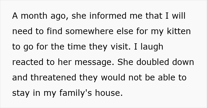 Text discussing parents trying to get rid of a cat during pregnant sister’s visit, causing daughter to be livid. Text discussing parents trying to get rid of a cat during pregnant sister’s visit, causing daughter to be livid.