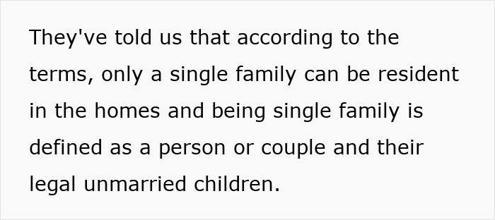 Text explaining HOA&rsquo;s single-family rule restricting house residency to a person or couple and their legal unmarried children.