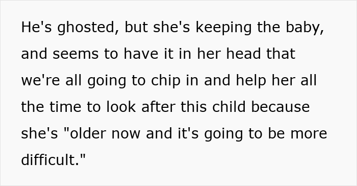 Text showing a woman expecting adult kids to drop everything and provide help after getting pregnant at 46 years old.