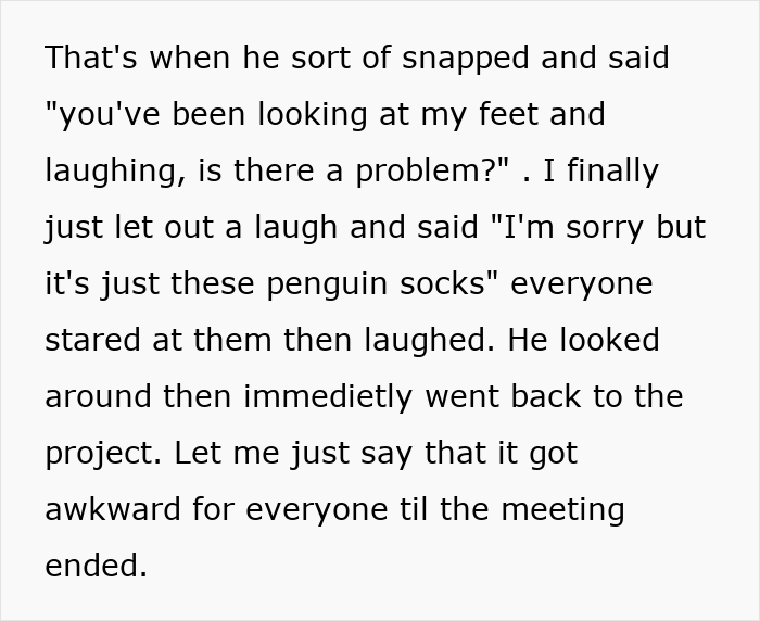 Man addresses coworker about colorful socks during tense workplace harassment incident in meeting room. Man addresses coworker about colorful socks during tense workplace harassment incident in meeting room.