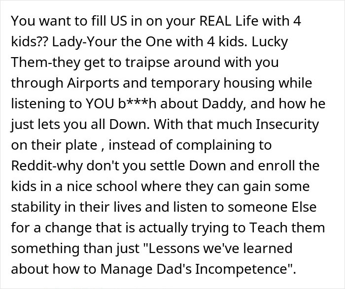 Text message discussing a man expecting his wife to rescue him after missing flight, receiving a lesson instead.