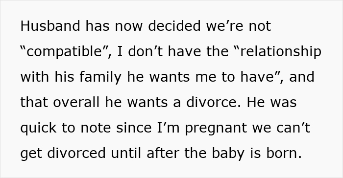 Text showing a pregnant wife upset after husband says he loves her but isn&rsquo;t in love and wants a divorce after marriage.