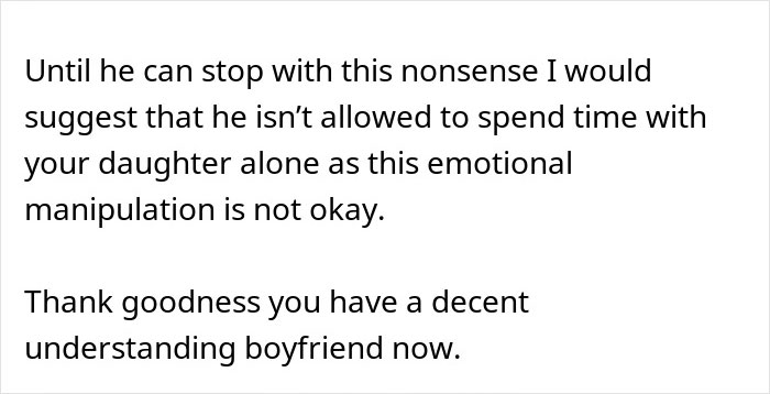 Text message discussing emotional manipulation and mentioning a decent boyfriend, related to MIL poisoning toddler with essential oils.