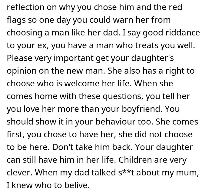 Text excerpt discussing relationships, parenting, and choosing partners wisely, reflecting on red flags and family dynamics.
